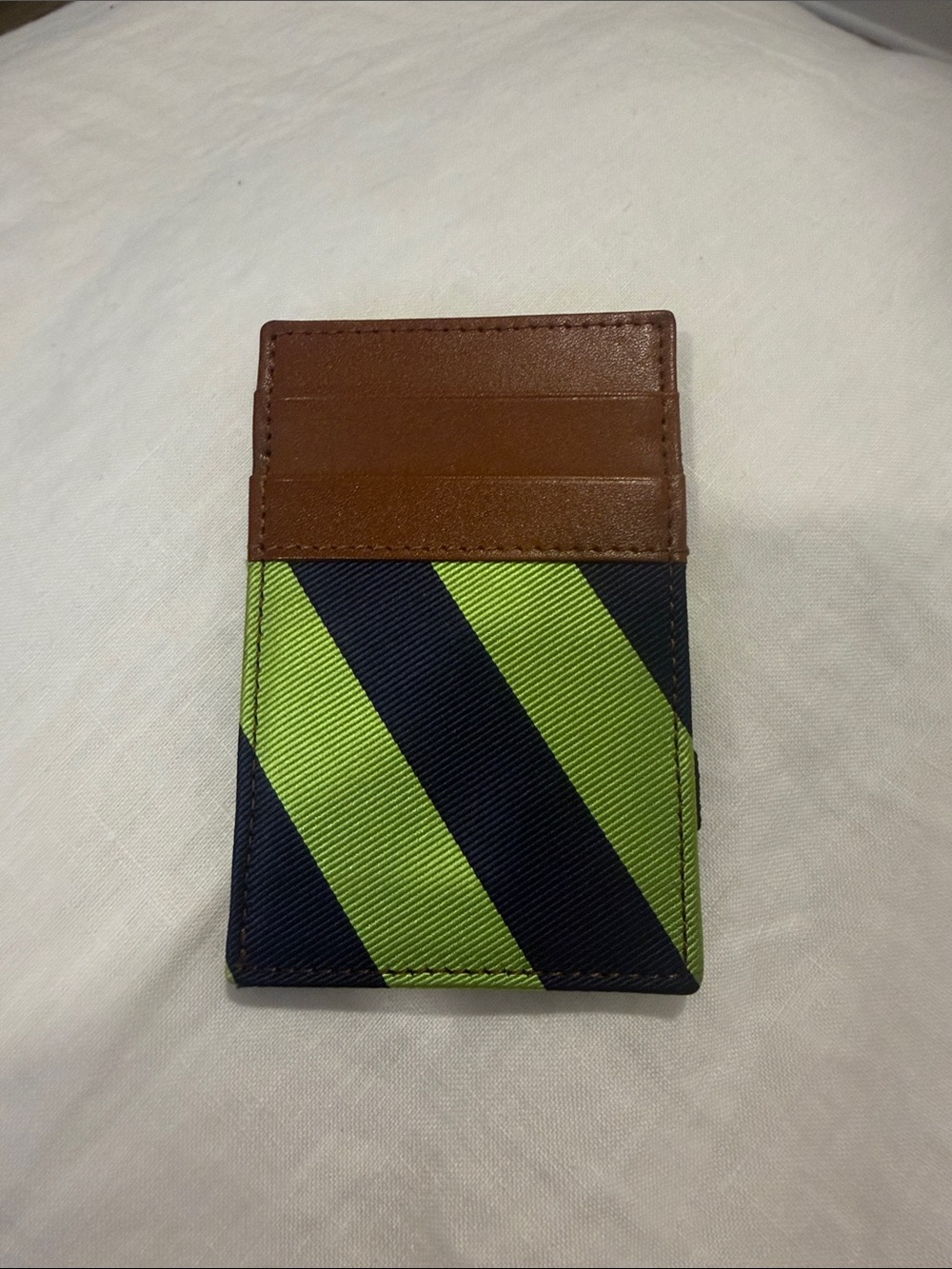 J. Crew Brown Leather & Lime Green with Navy Stripe Card Holder